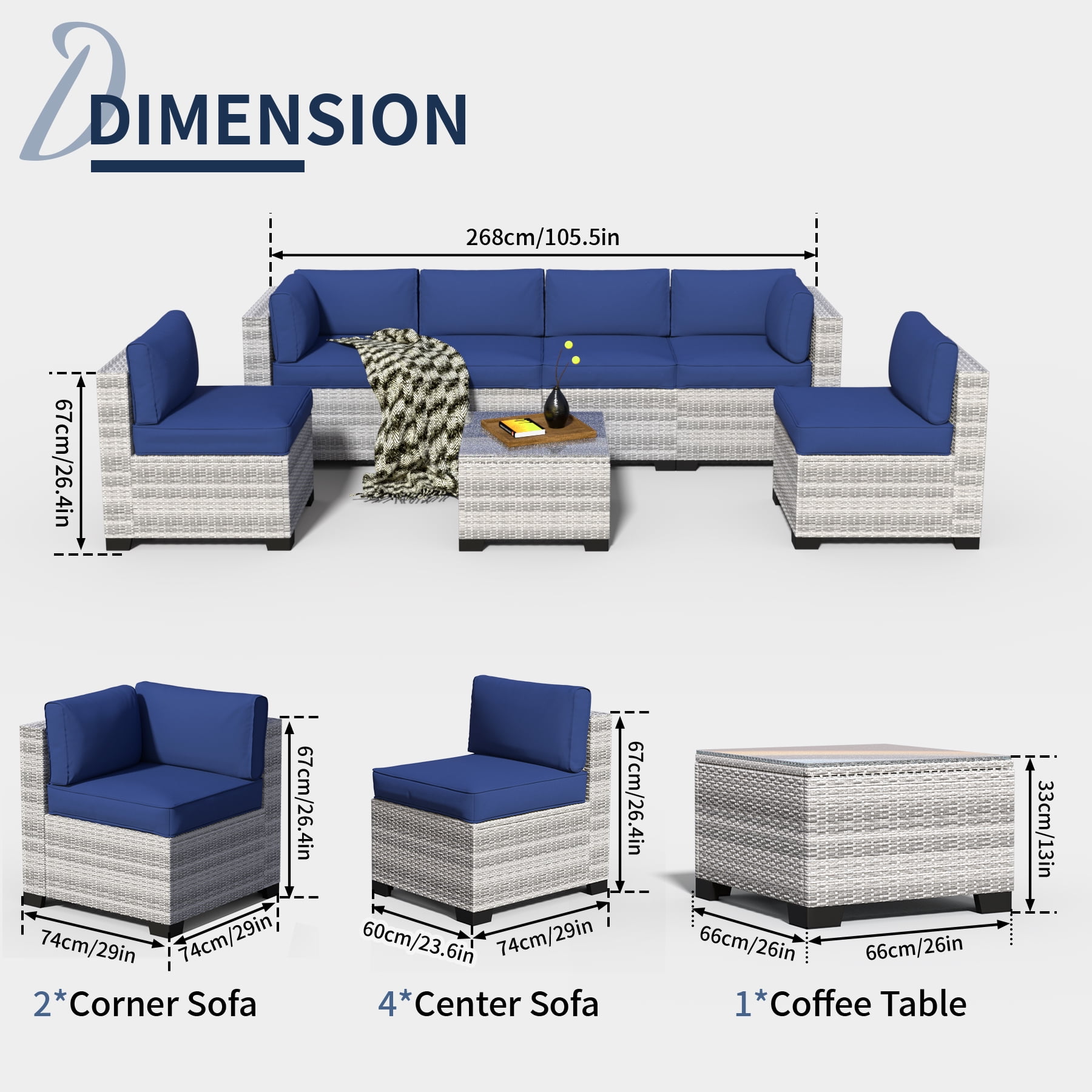 7-Piece Outdoor Patio Furniture Set, All-Weather Rattan Sectional Sofa with Waterproof Cushions & Tempered Glass Table, Perfect for Garden, Poolside, Backyard (Navy Blue)