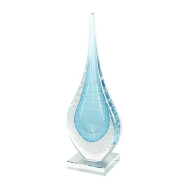 5" x 13" Blue Glass Teardrop Abstract Sculpture with Clear Bubble Droplets, by DecMode