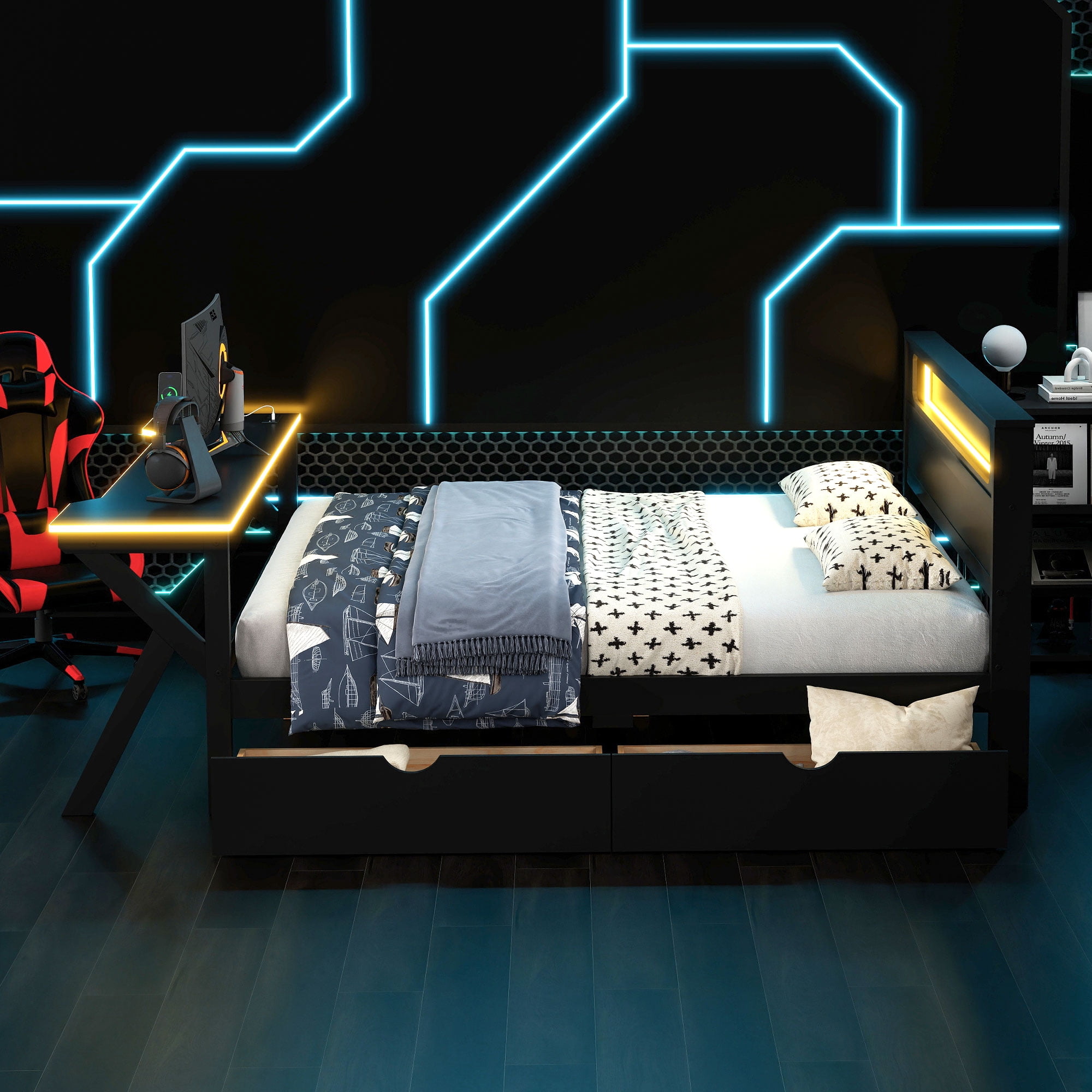 Mintazer Gaming Bed with Desk & Charging Station, Full Platform Bed with 2 Storage Drawers & LED Lighting Dorm Bedroom, Black