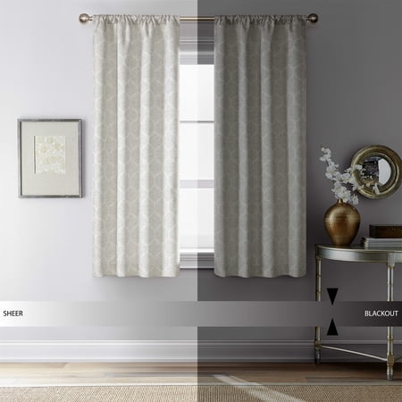 MAINSTAYS JACQUARD BLACKOUT PANEL PAIR, SET OF 2 CURTAINS, GREY LATTICE, 37″ W X 63″ L