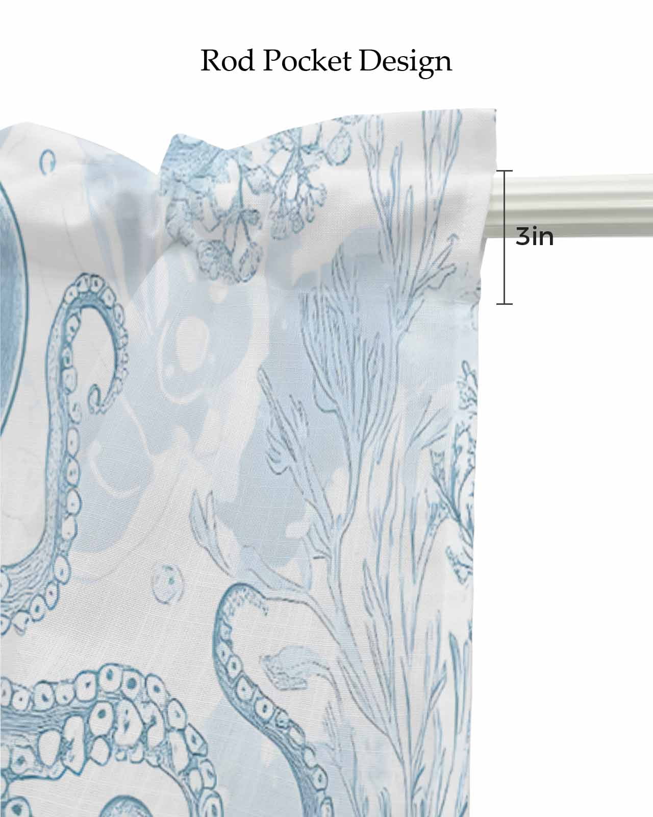 Blue Coastal Octopus Kitchen Valances for Windows Farmhouse Linen Window Valance Curtain for Living Room Window Treatment Summer Watercolor Coral Valance Rod Pocket Topper Drape, 54 x 18 Inch