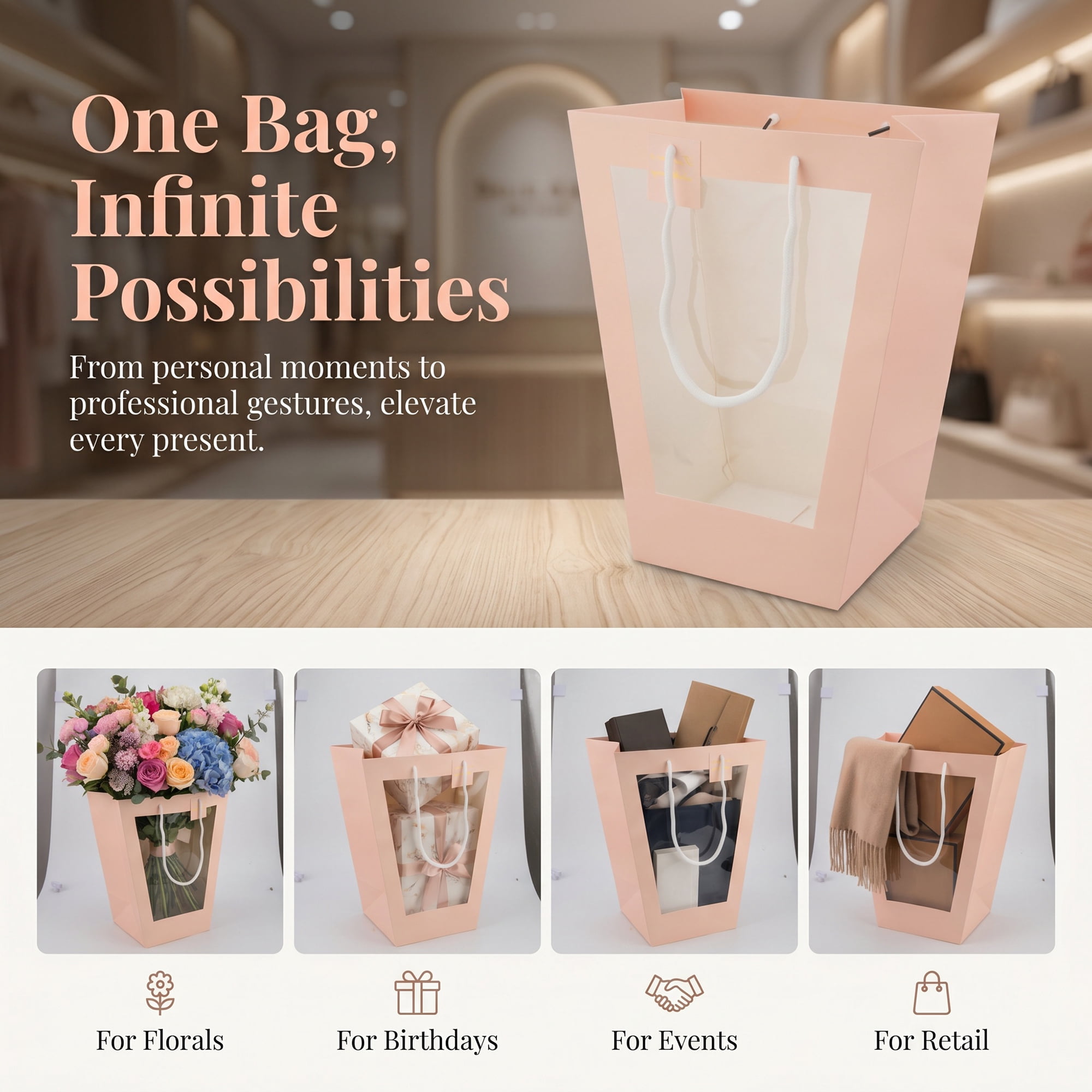 Unique Bargains Thick Totes for Gifts with Comfortable Handles Pink 11" x 7.9" x 14.2"