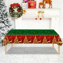 Christmas Tablecloth - PE Plastic Table Cover with Reindeer, Snowflakes, and Bells Pattern for Holiday Parties, Durable, Leak-Proof, Easy Cleanup