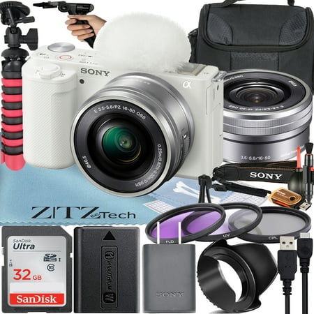 Sony Alpha ZV-E10 Mirrorless Vlog Camera with 16-50mm Lens + 32GB Memory Card + Filter Kit + Tripod + Case + ZeeTech Accessory Bundle (White)