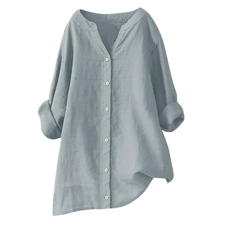 TOWED22 Cotton Linen Shirts for Women Plus Size Long Sleeve Tops Dressy Casual Loose Comfy Work Gauze Blouses（Grey S）