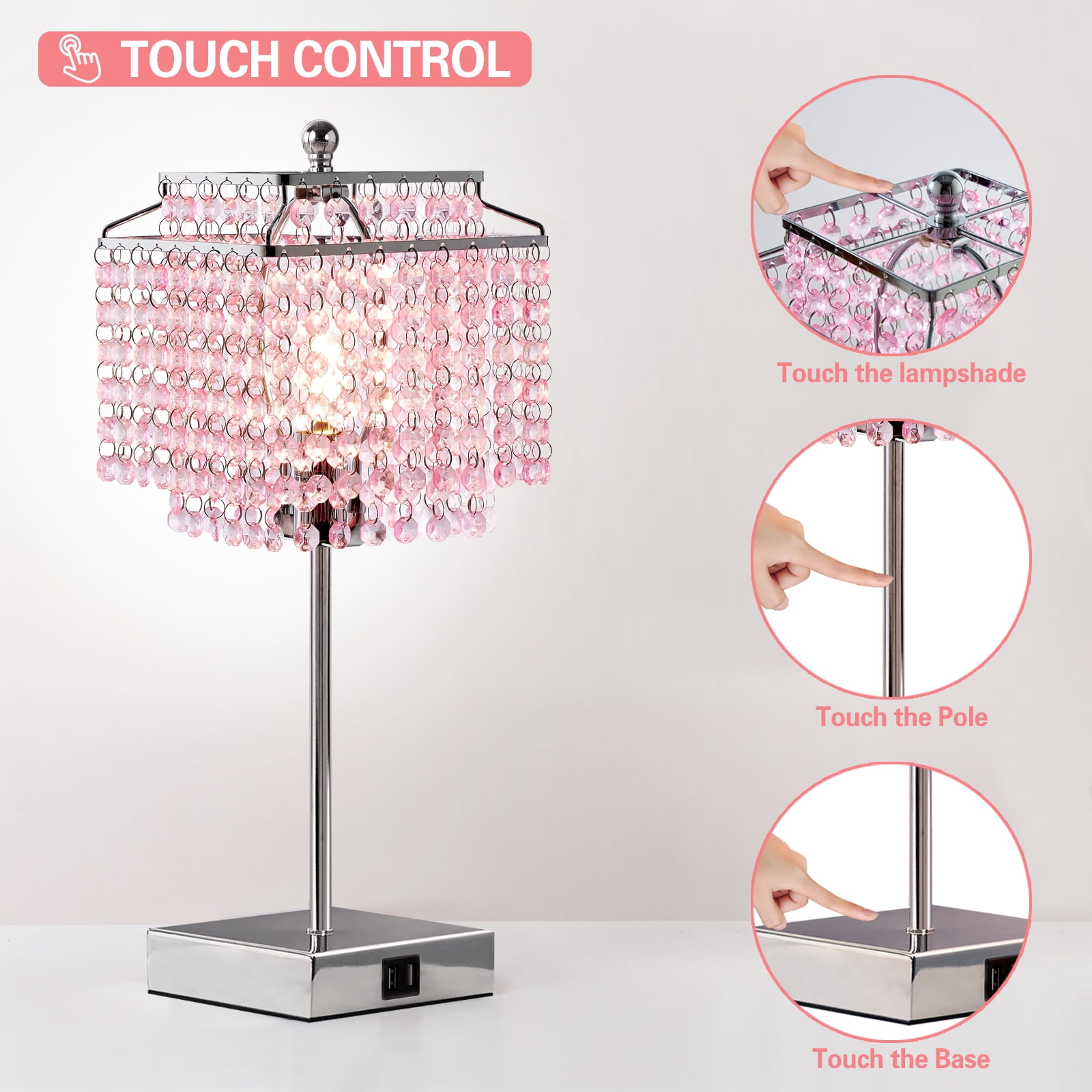 NATYSWAN Crystal Touch Table Lamp, Pink Bedside Lamp with USB C+A Ports, 3-Way Dimmable Lamp with Crystal Shade, Nightstand Lamp for Girl Bedroom, Living Room, Bulb Included