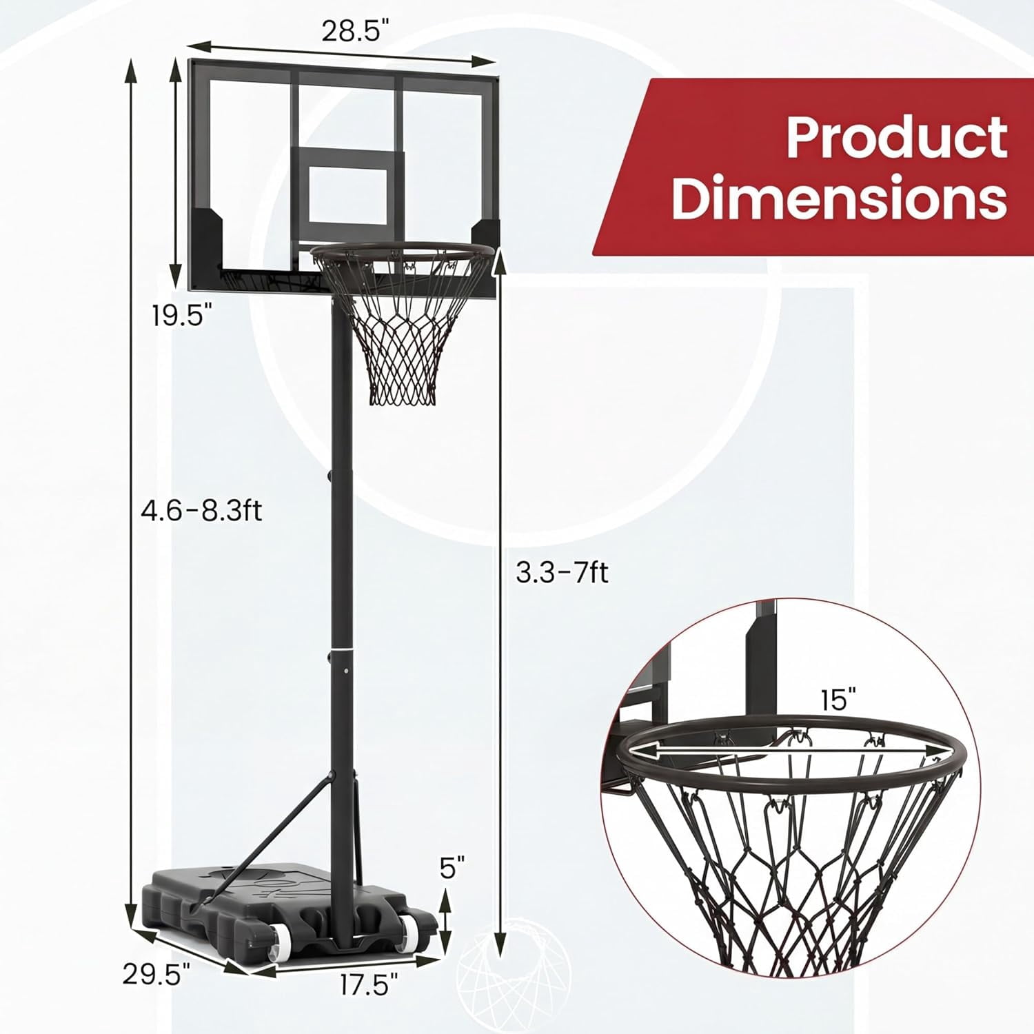 OLAKIDS Basketball Hoop Outdoor, Portable 3.3-7 FT Height Adjustable Goal System with Wheels Shatterproof Backboard, Fillable Base for Kids Youth Teens Adults Driveway Backyard Pool Indoor