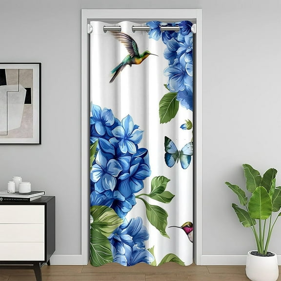 Hydrangea Door Curtain For Doorway Privacy 42"W X 80"L,Blue Floral Blackout Curtain For Adult Teens,Hummingbird Door Drape,Colorful Butterfly Closet Curtain Temporary Door,Darkening