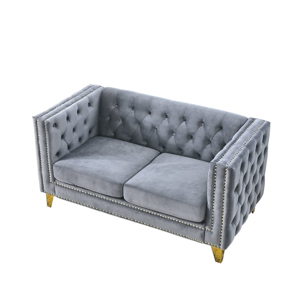 {Contact us for 3D modeling} Velvet Sofa for Living Room,Buttons Tufted Square Arm Couch, Modern Couch Upholstered Button and Metal Legs, Sofa Couch for Bedroom, Grey Velvet