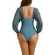 thumbnail image 3 of Bikini de una pieza con escote en V, mangas largas, malla y control de abdomen, color gris, talla grande, 3 of 5