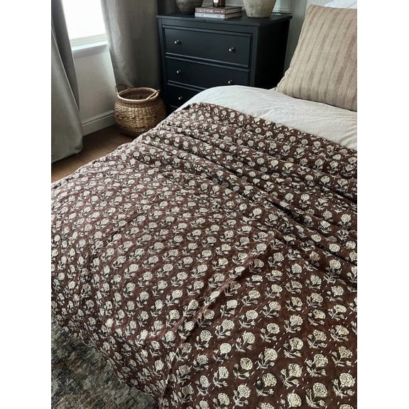 A And E Textiles House Brown Indian Block Print Kantha Quilt - Handmade, Cozy Throw Blanket