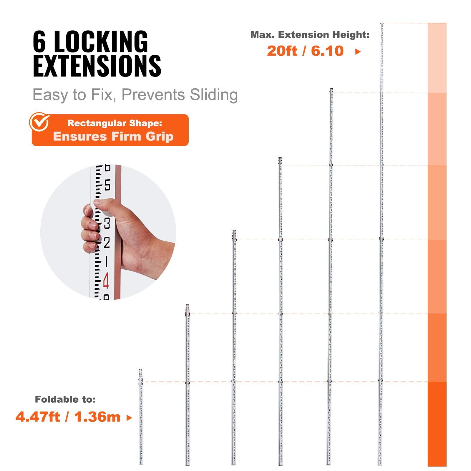 Aluminum Alloy Telescopic Leveling Rod 20 Feet 6 Sections Double Sided Scale 1/10ft with Bubble Level and Carrying Bag for Surveying Houses Walls Floor