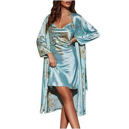 

Women s 2 Piece Silk Satin Pajama Sets Casaul Floral Print Sleeveless Slip Nightgown with Robe Sleepwear Pjs