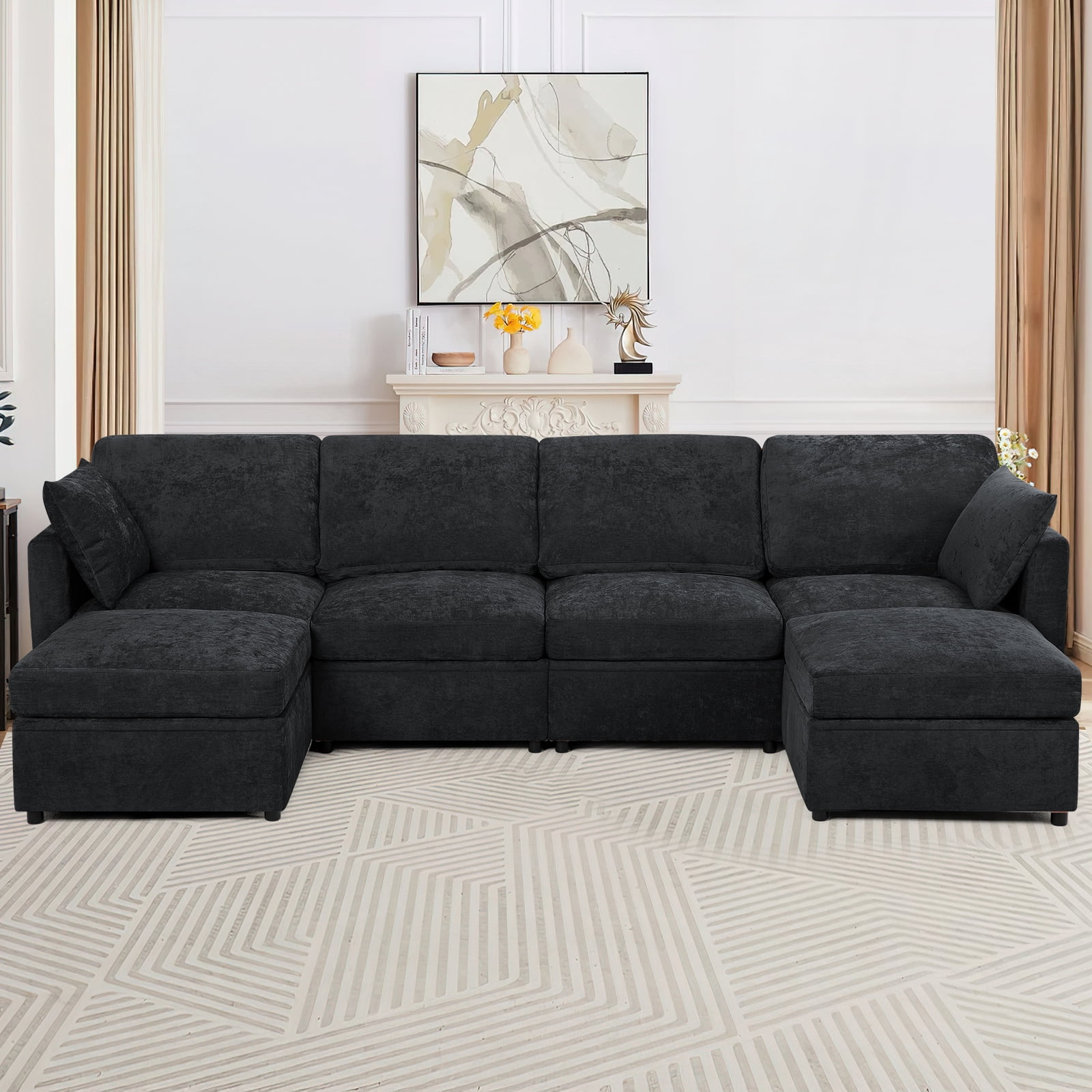 ACMEASE 110” Chenille 4 Seats Sofa W/2 Movable Ottoman, Modern Fabric U-Shaped Couch with Soft Backrest, Upholstered Sectional Sofa with Armrest Pillows for Living Room, Office, Black