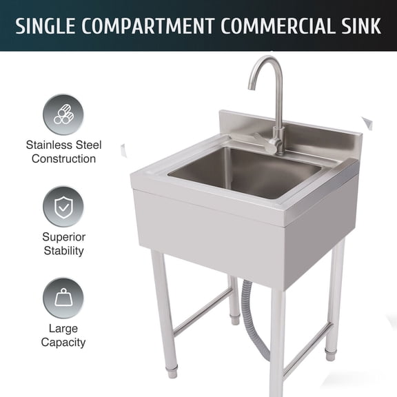 Commercial Utility Sink Stainless Steel Kitchen Sink 1 Compartment with Faucet