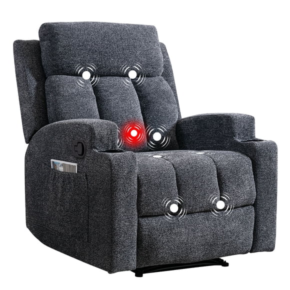 Bonzy Home Manual Recliner Chair with Massage and Heat Ergonomic Overstuffed Breathable Fabric Reclining Chair with 2 Side Pockets, 2 Cup Holders, Remote Control, Living Room, Bedroom,Light Gray