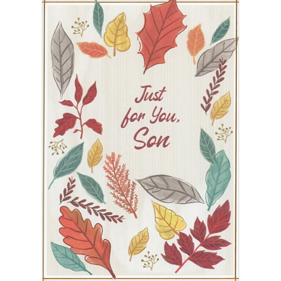 Designer Greetings Orange, Green, Yellow, Brown and Gray Leaves on Light Blue Thanksgiving Card for Son