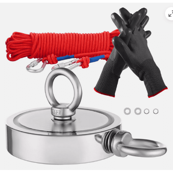 Neodymium Fishing Magnet Kit, 2000Lbs Pull Force, Heavy Duty Rare Earth Magnet with Eyebolt, 20m Nylon Rope & Gloves, Nickel Plated