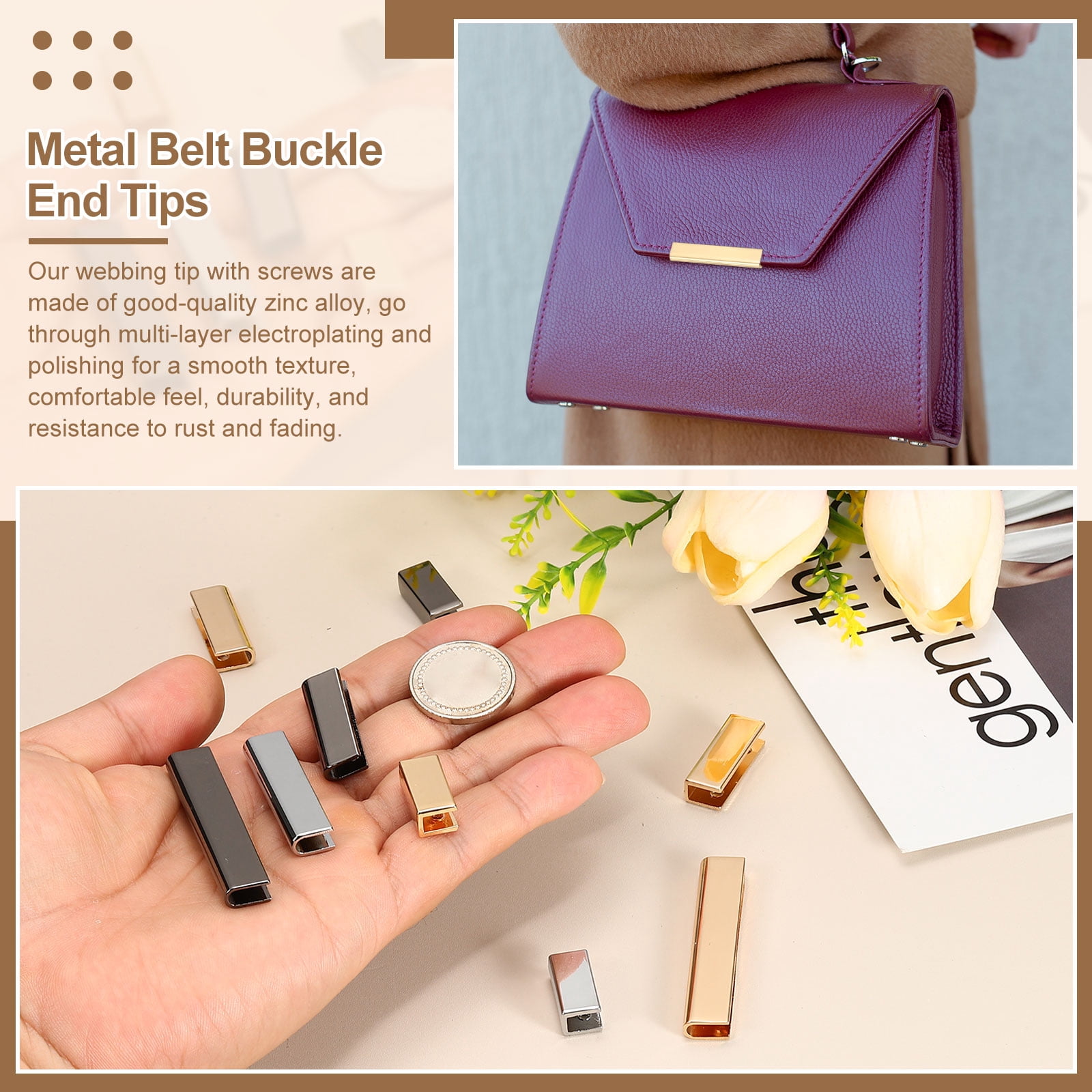 24Pcs Metal Belt Buckle End Tips with Screws, Light Gold Zinc Alloy Purse Hardware Belt Tip 0.22 Inch Wide Rectangle Zipper End Cap for DIY Crafts Bag Making Belt Clip Clasps