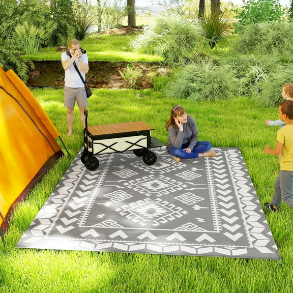 Outsunny Outdoor Patio Rug, Large Camping Carpet with Carrying Bag, 9' x 12' Waterproof Plastic Straw, Reversible, Gray & White Rhombus Patchwork