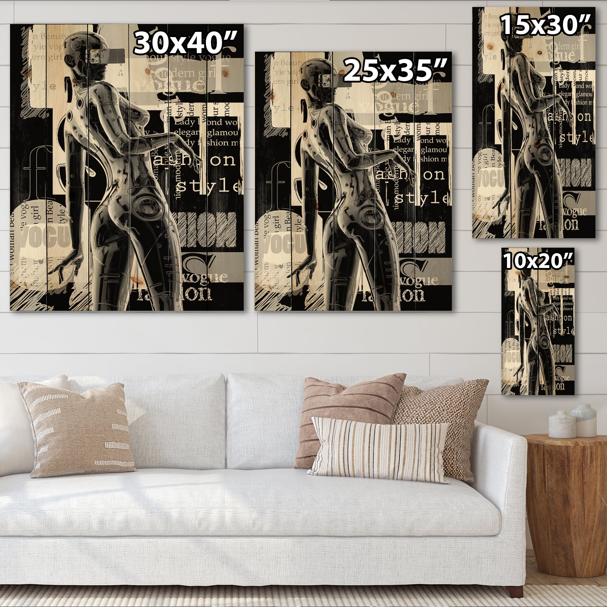 Designart 'Black and White Cyborg Body I' Modern Print on Natural Pine Wood
