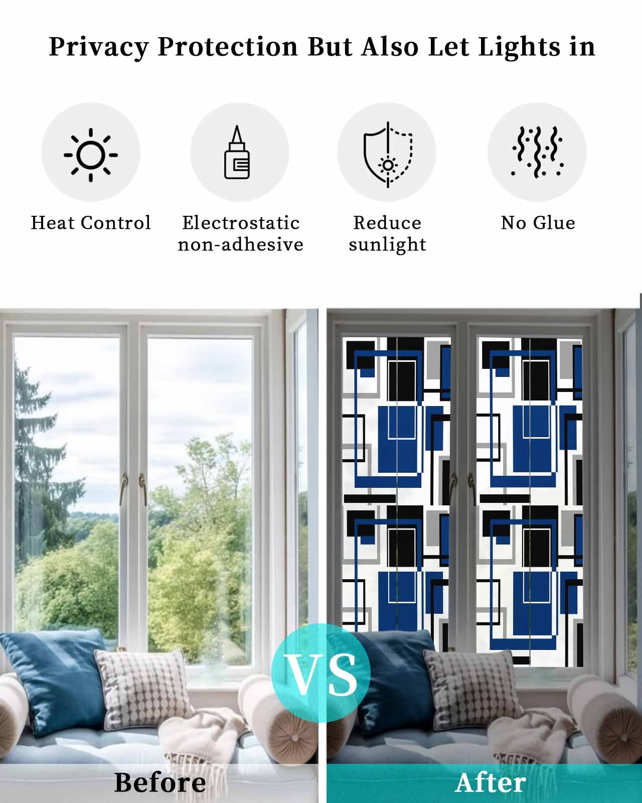 Window Privacy Film Blue Black Geometric Stained Glass Window Film Decorative Sun Block Window Cover Modern Minimalist Abstract Stripes Window Clings Static Adhesive Sticker for Bathroom 17.7"x78.7"
