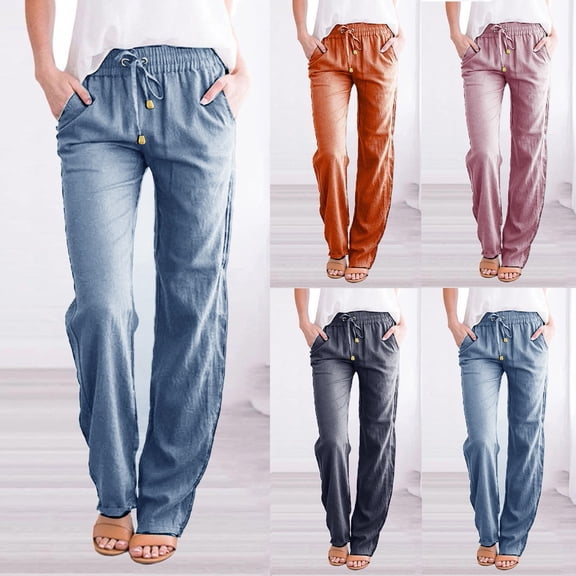 Women's Cotton Linen Blend Pants, High Waist Drawstring Wide Leg Casual Trousers, Elastic Waist Straight Leg Pants with Pockets, Comfy Lounge Wear for Daily, Spring and Summe-Pink