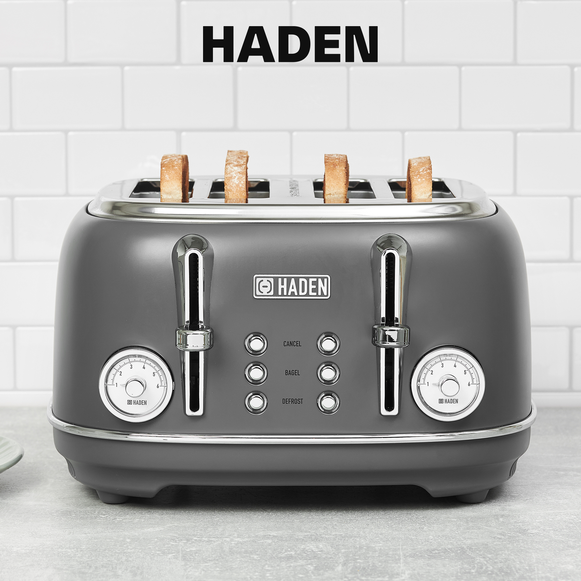 Haden Chelsea Stainless Steel 4 Slice Toaster w/Extra Wide Slots, Grey