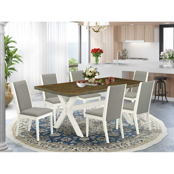 East West Furniture X077LA206-7 7-Piece Gorgeous Dinette Set a Superb Distressed Jacobean Dining Table Top and 6 Lovely Linen Fabric Padded Chairs with Stylish Chair Back, Linen White Finish