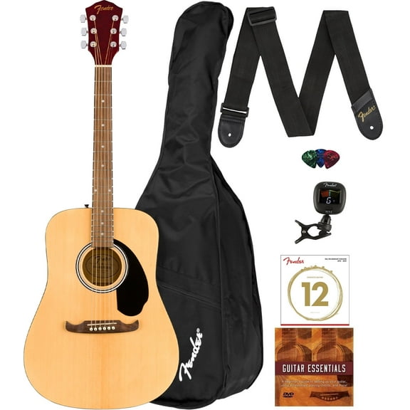 Fender FA-125 Dreadnought Acoustic Guitar - Natural Bundle with Gig Bag, Tuner, Strap, Strings, Picks, and Austin Bazaar Instructional DVD