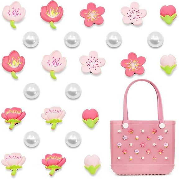 Accessories for Bogg Bag, Pink Flowers and Pearls Decoration for Bogg Bag Charms, Compatible with Women Rubber Beach Bag Tote Handbag, 24 Pcs