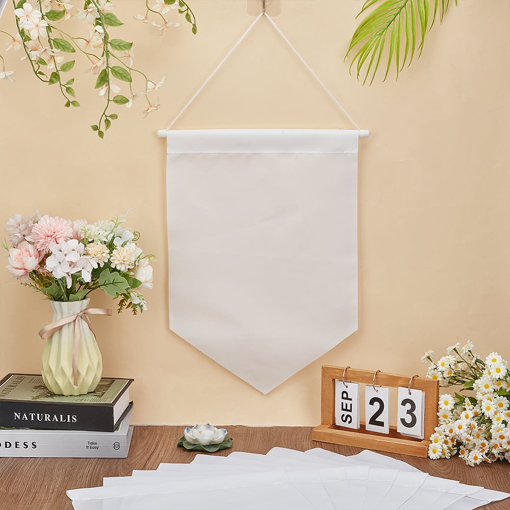 12Pcs Polyester Blank Flag with Stick and 12Pcs Plastic Non-Trace Nail Hangers for Hanging Picture Photo Frame White 455x120x0.1mm for diy