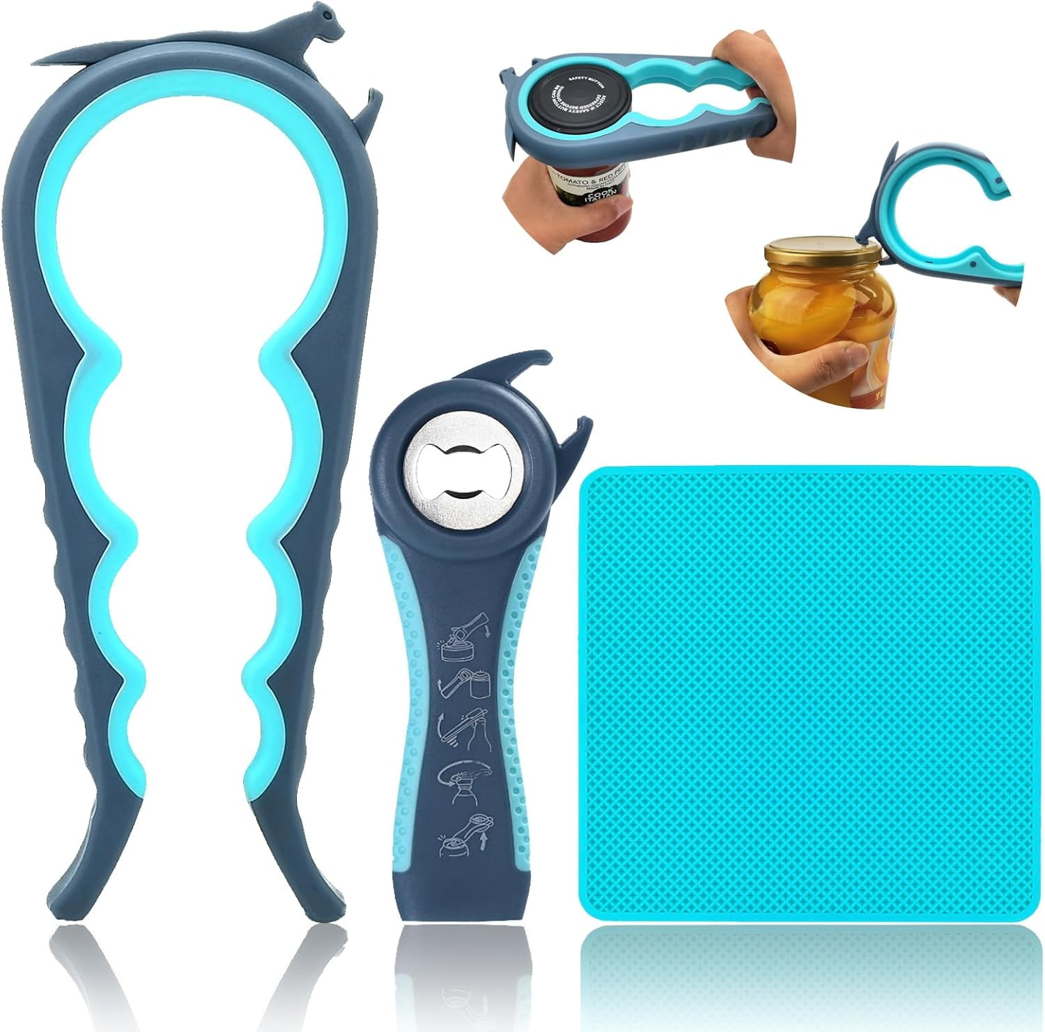 3 Pcs Multi-Function Jar Opener Set, 5 in 1 Can Bottle Opener for Weak Hands Elderly Arthritis, Kitchen Tool with Non-Slip Rubber Jar Gripper Pad