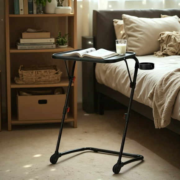 Homy Casa Adjustable Folding Bedside Table with Fixed Cup Holder, Black Plastic, No Assembly Needed