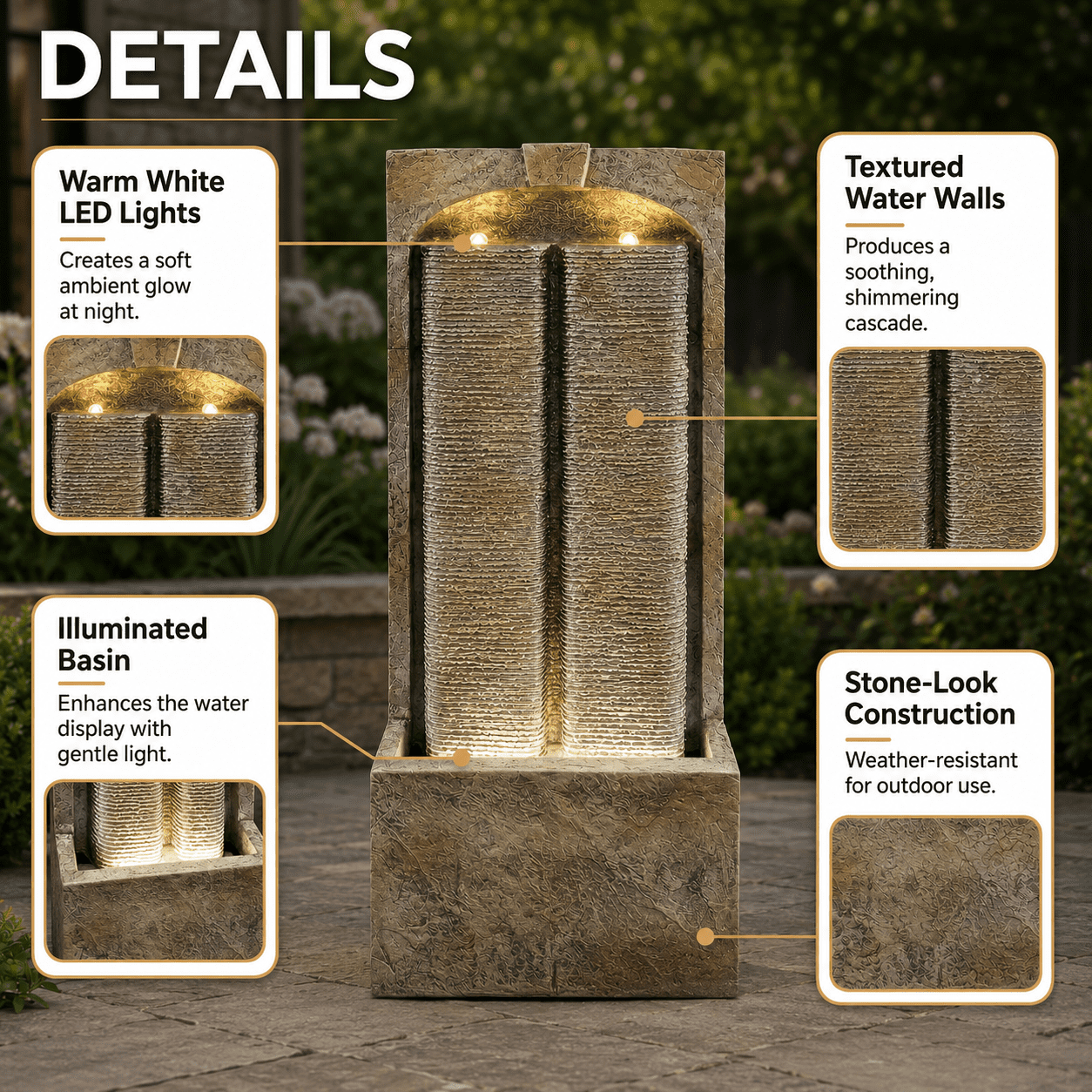 Aukfa 39" Outdoor Water Fountain with LED Lights, Slate Style Resin Water Wall Feature for Patio Garden Backyard,Brown
