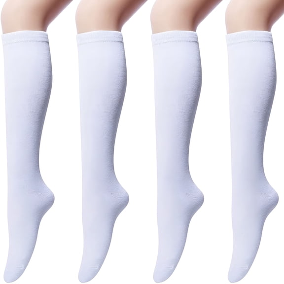 TELOLY 4 Pairs Women's Cotton Knee High Socks, Casual Solid Knit Knee Socks (white)