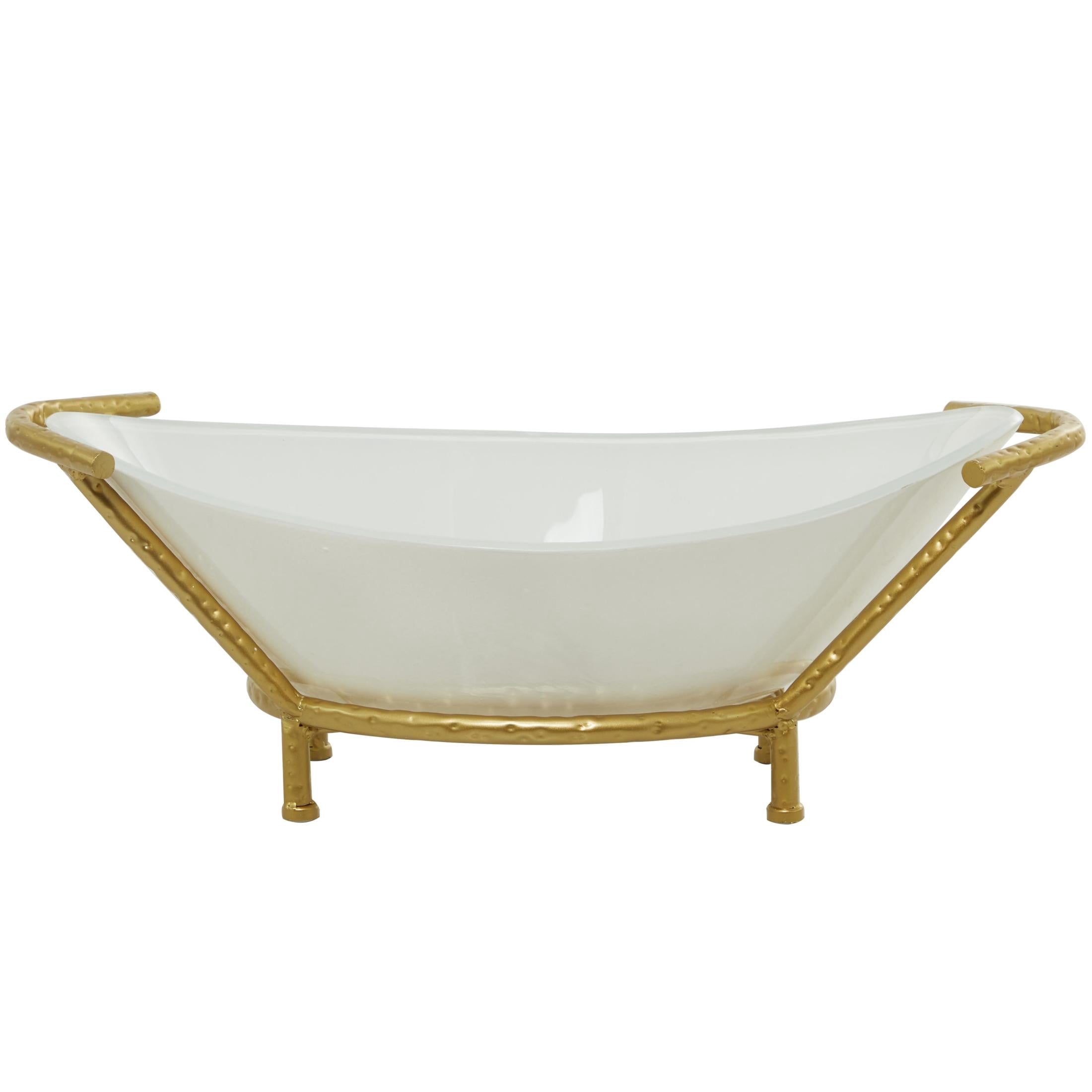 CosmoLiving by Cosmopolitan 25" x 9" White Glass Kitchen Serving Bowl with Gold Metal Stand, 1-Piece