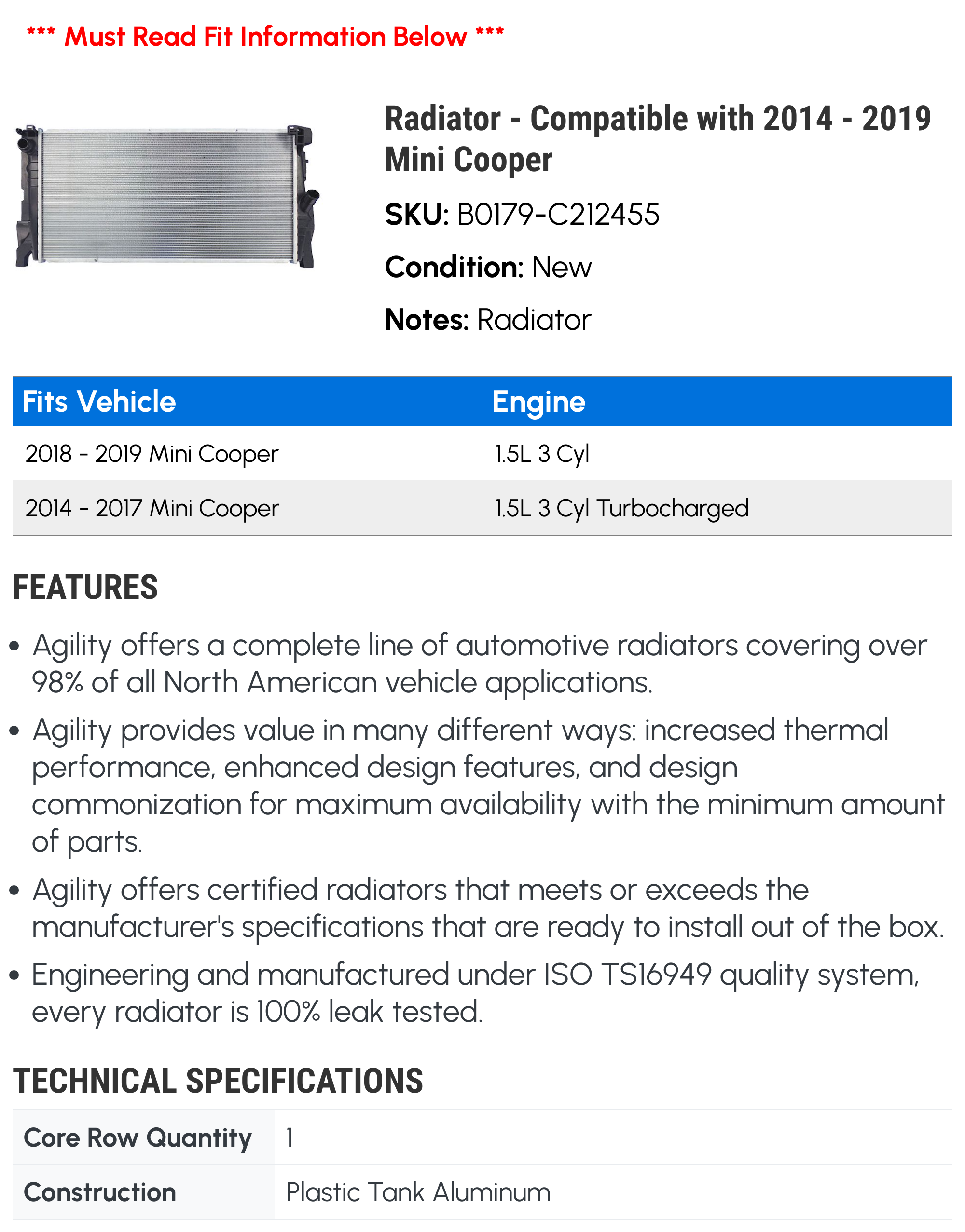 Evan-Fischer Radiator For Mini Cooper 2014-2019 (2.0L S, Base) - Direct Fit 1-Row Aluminum Core, CU13544