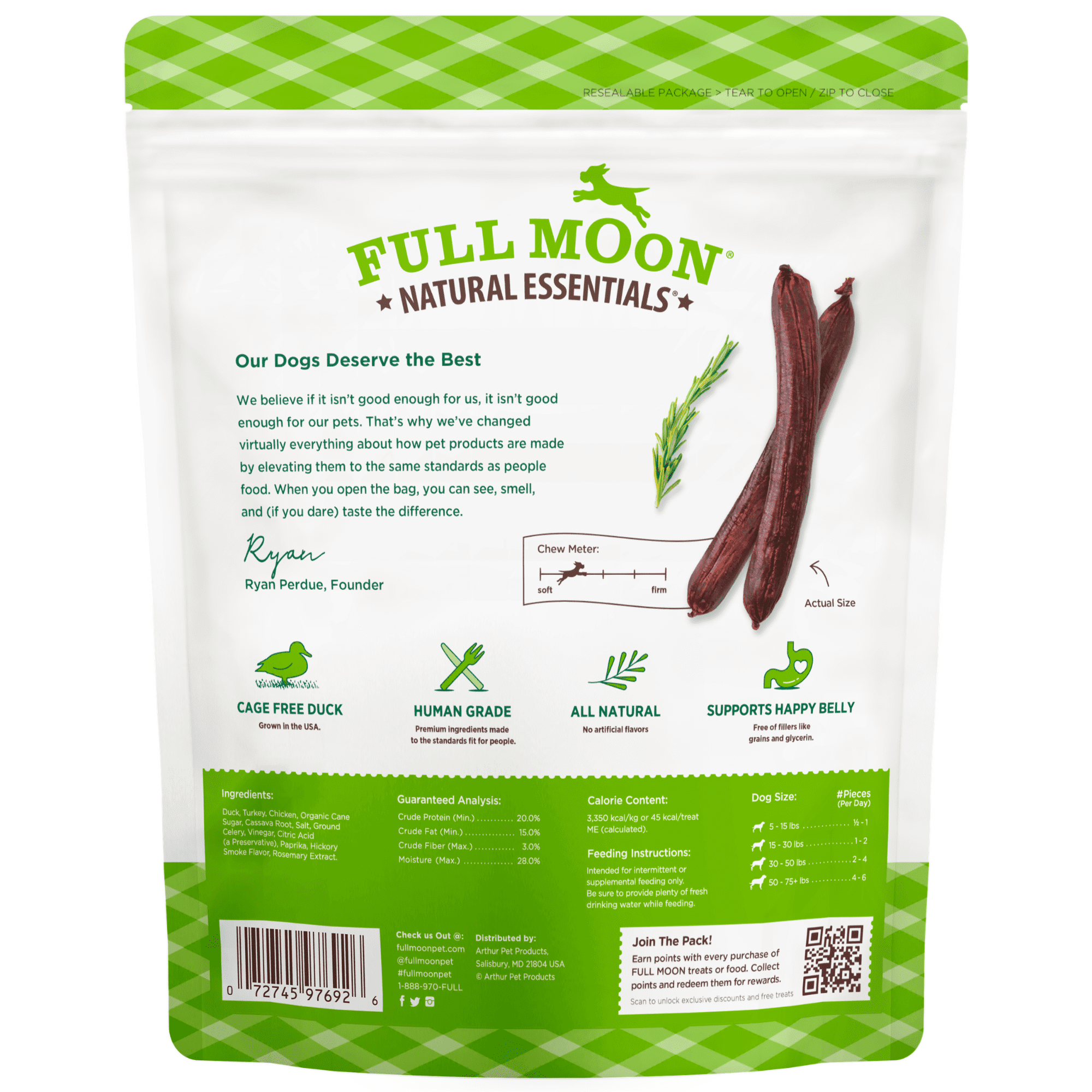 Full Moon All Natural Human Grade Dog Treats, Essential Duck Sticks, 22 Ounce