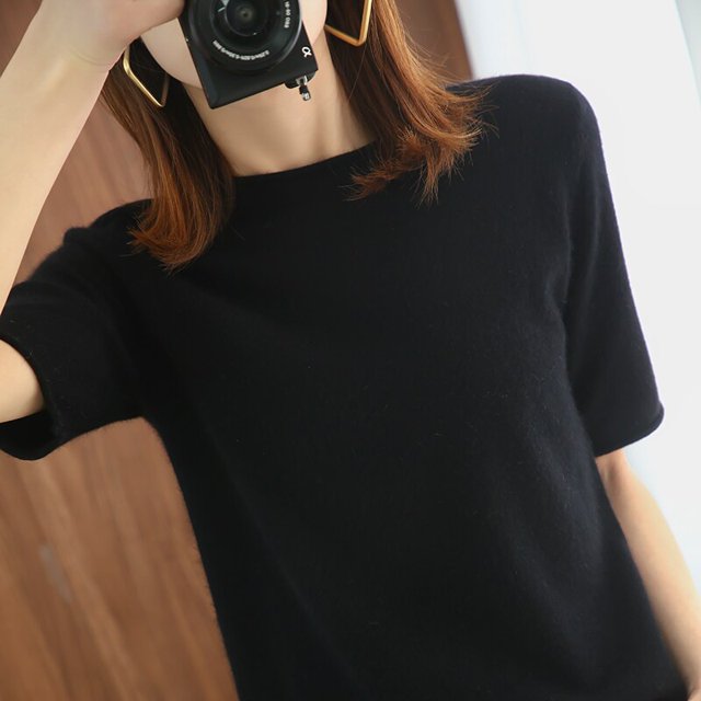 Camiseta lisa de manga corta de punto de Cachemira, Top holgado con cuello redondo rizado, 22 de primavera, novedad