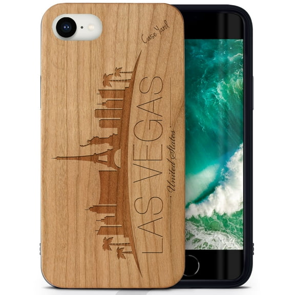 Case Yard Wooden Case Outside Soft TPU Silicone, Slim Fit Shockproof Wood Protective Phone Cover for Girls Boys Men and Women, Supports Wireless Charging Skyline Vegas Design case for iPhone-SE