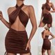 thumbnail image 2 of Falda de verano a la moda Sexy para mujer, paquete de cuello cruzado de Color sólido, falda a la cadera, traje ajustado Pompotops qwe13459, 2 of 9