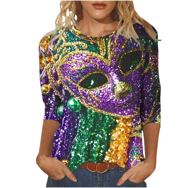 Penkiiy Blouse de Carnaval pour Femmes Mardi Gras Mode Imprimé Décontracté Col Rond Manches 3/4 T-shirt Blouse Multicolore