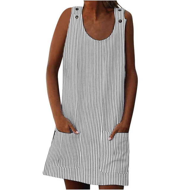 Penkiiy Robe Courte Sans Manches à Rayures Imprimées à Boutons avec Bretelles pour Femme, Poches, Mini Tunique, Robe Débardeur avec Double Poche, P Gris