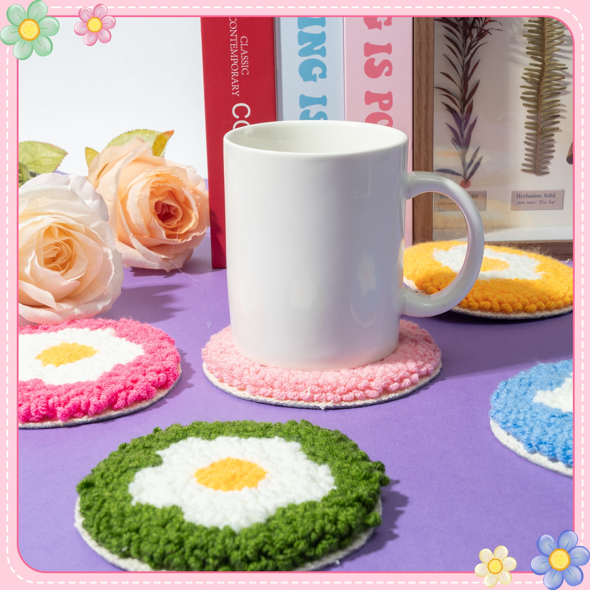 Belanttega Flower Punch Needle Coaster Kit - 22Pcs Art Work Decor Craft Supply for Beginners, DIY Set of 6 Flowers Pattern Tufted Rug Pads with Adhesive Felt Yarns Embroidery Hoop Tools Instruction