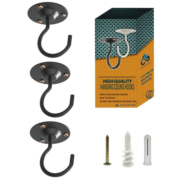 NACETURE Ceiling Hooks for Hanging Plants Black 3 Pcs - Plant Hanger Indoor Hanging Hooks Metal Plant Bracket Iron Lanterns Hangers for Wind Chimes, Planters