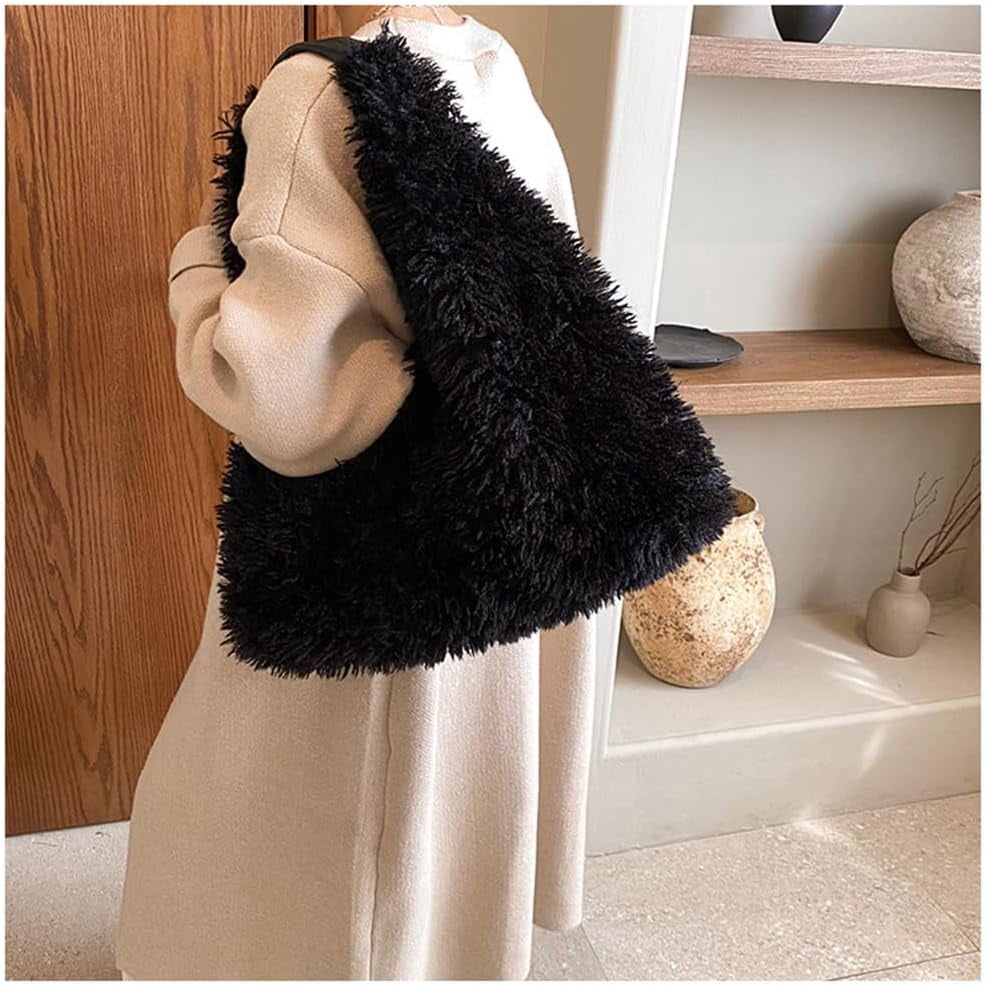 Faux Fur Hobo Shoulder Bag Furry Handbag Purse for Women Winter Y2k Fuzzy Plush Shoulder Tote Bag for Work Shopping