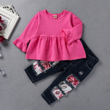 

Tejiojio Girls and Toddlers Soft Cotton Clearance Toddler Kids Girls Flowers Print Flare Sleeve Tops+Ripped Jeans+Hairband Outfits