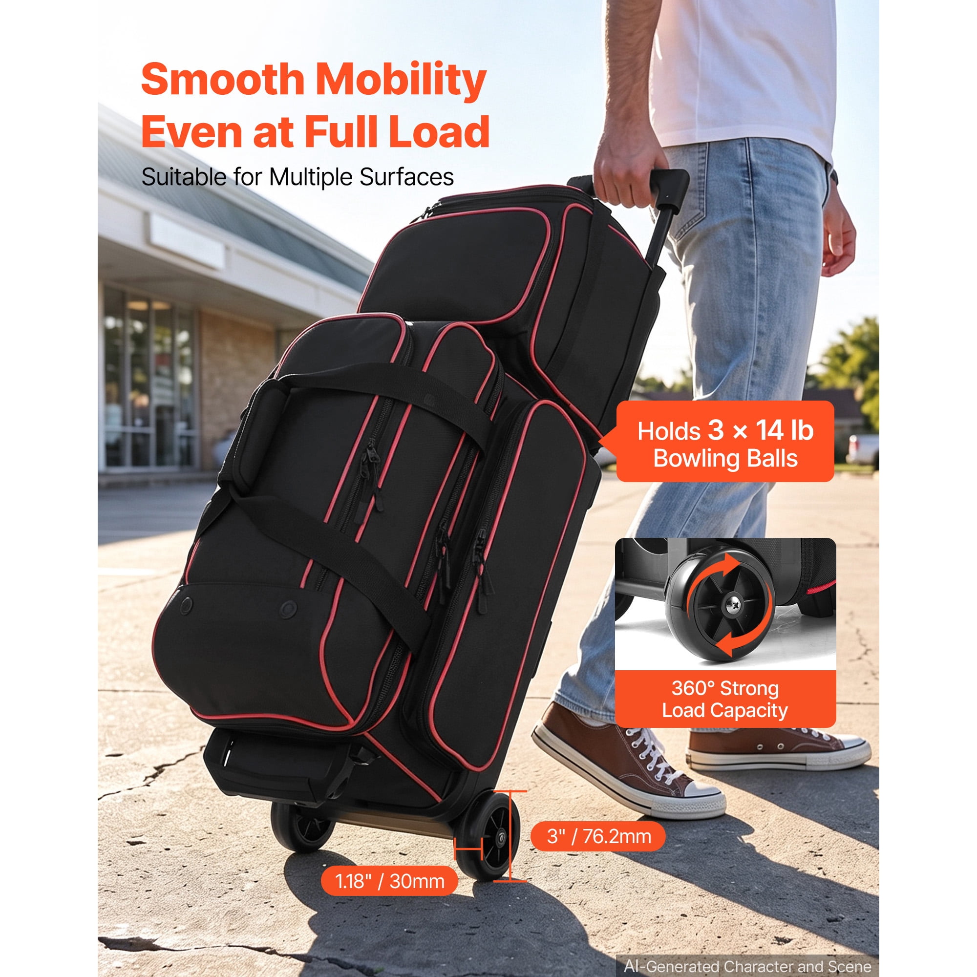 KFFKFF 3-Ball Bowling Bag with Wheels, Shoe Compartment for Sizes Up to US Men 16, Rolling Bag with Accessory Pocket and 40-Inch Retractable Handle