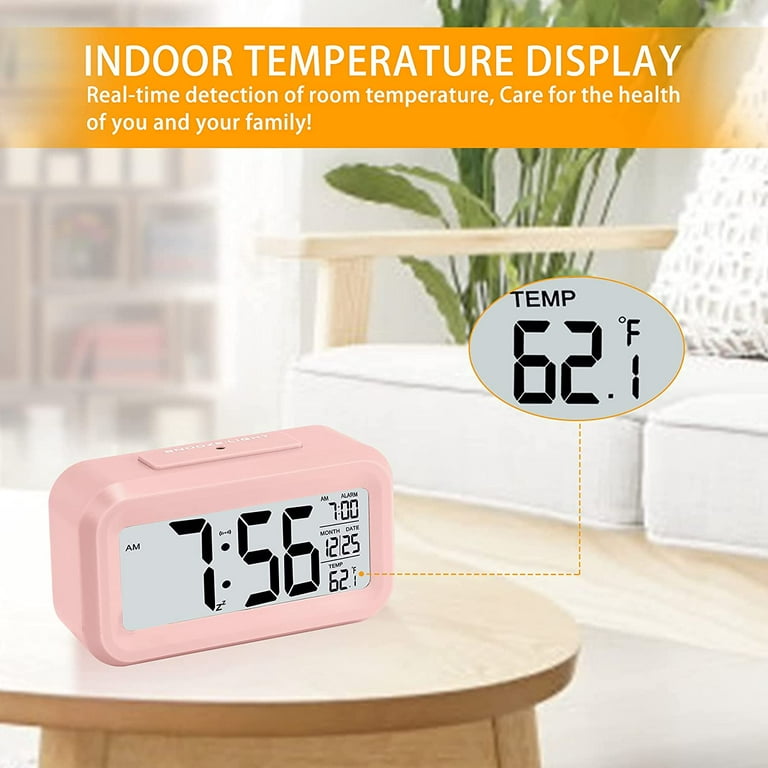 Digital alarm clock, battery powered, with smart night light, date, room  temperature, LCD electronic clock for bedroom, home, office, living room- pink 